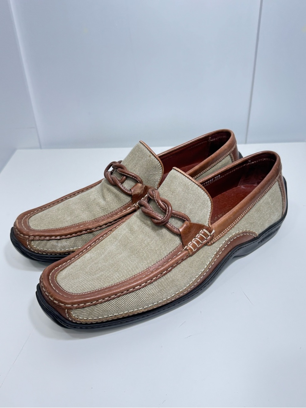 DONALD J. PLINER Beige Canvas Brown Leather Driving Loafers Moc Toe Men’s 11